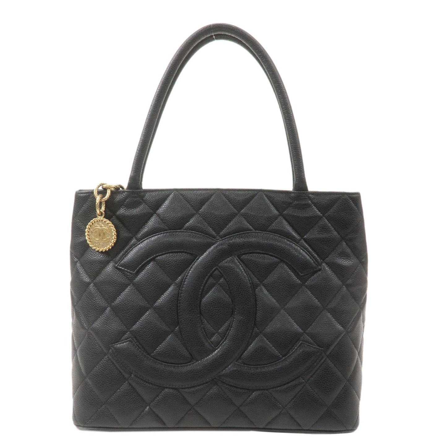 CHANEL Matelasse Caviar Skin Medalion Tote Bag Black A01804