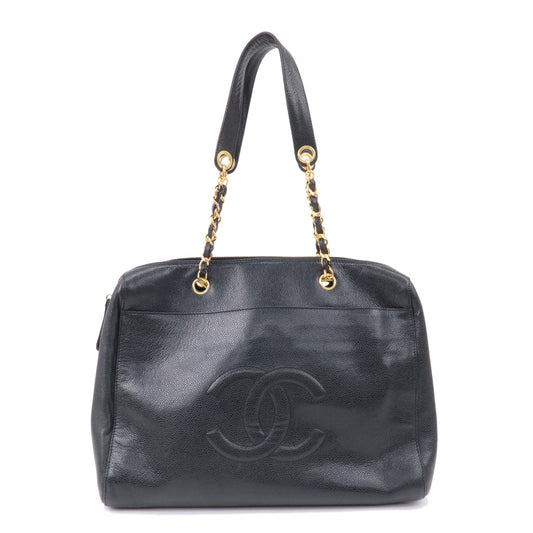 CHANEL Caviar Skin Chain Tote Bag Shoulder Bag Gold Black