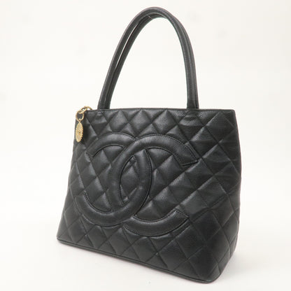 CHANEL Matelasse Caviar Skin Medalion Tote Bag Black A01804