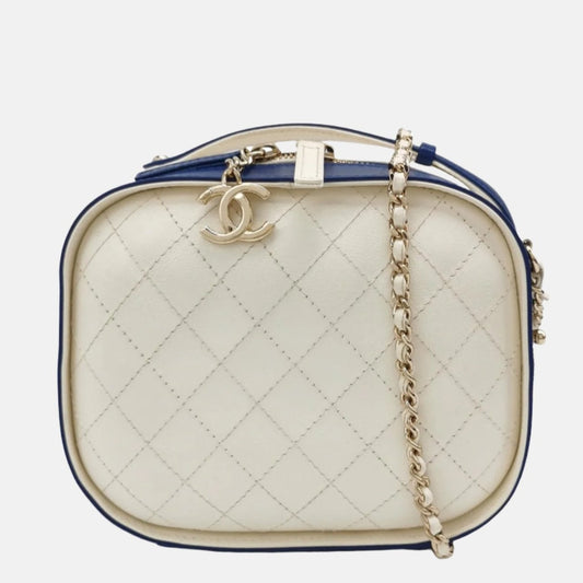 Chanel White and Blue Small Crumpled Calfskin Vanity Case Crossbody Bag