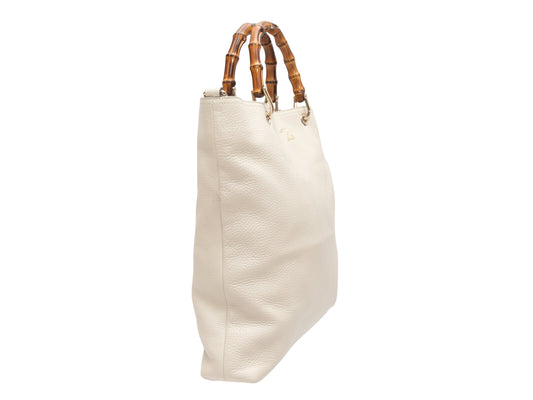 White Gucci Leather & Bamboo Shopping Tote