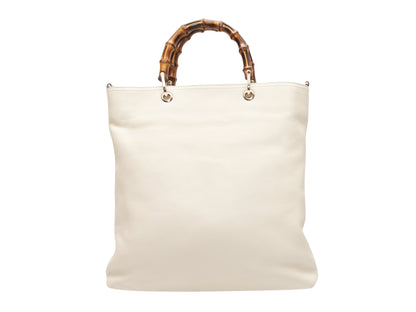 White Gucci Leather & Bamboo Shopping Tote