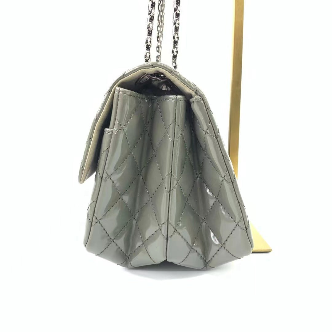 Chanel 2.55 Flap Bag Patent Leather Double Bottom Small Grey