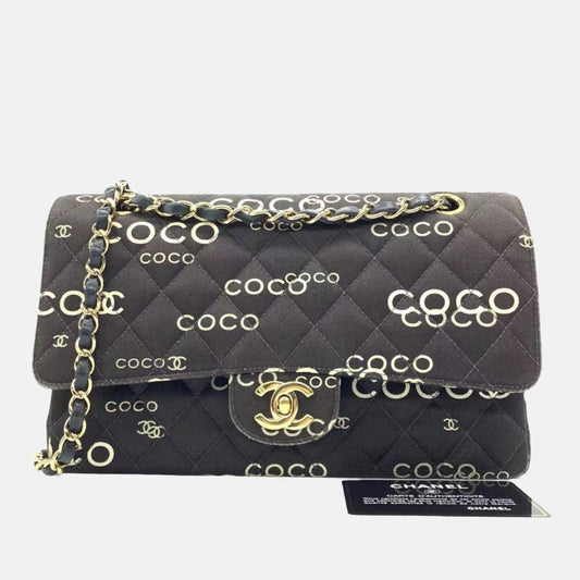 Chanel Classic Flap Diamond Stitch 2002 Black Denim with Coco Logo Prints 24k Gold Hardware