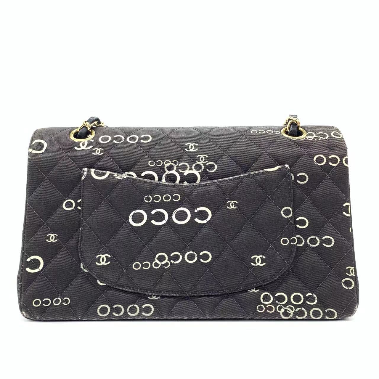 Chanel Classic Flap Diamond Stitch 2002 Black Denim with Coco Logo Prints 24k Gold Hardware