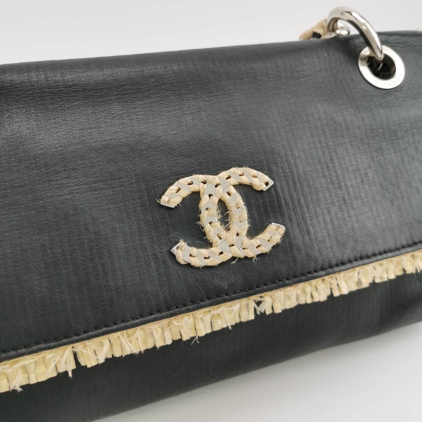 Chanel Classic Flap Chain Shoulder Bag Large Black Leather and Straw