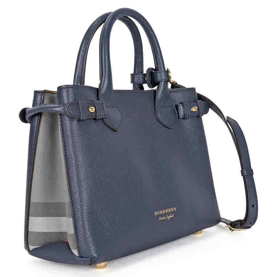 Burberry Small Banner House Check Leather Tote - Ink Blue 4023703