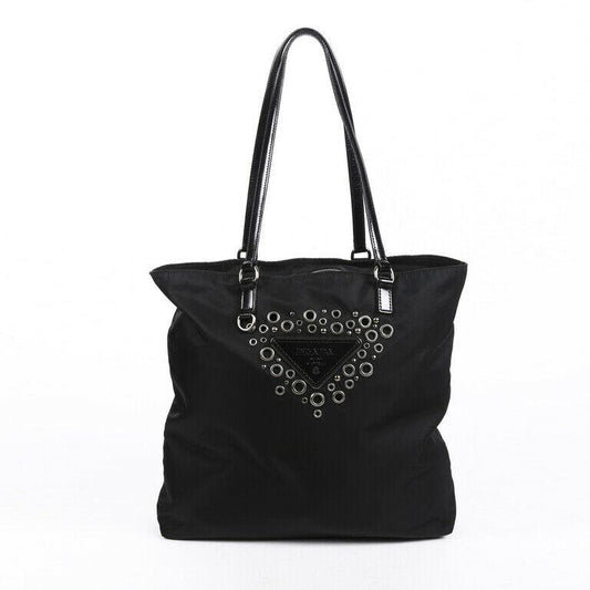 Prada Bag Black Tessuto Nylon Grommet Logo Tote