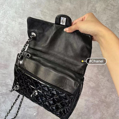 Chanel Upside Down Flap Bag Black Diamond Quilted Patent Leather Silver Hardware