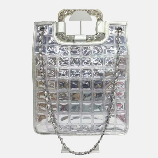 Chanel Silver Ice Cube Tote Leather and Vinyl with Chains