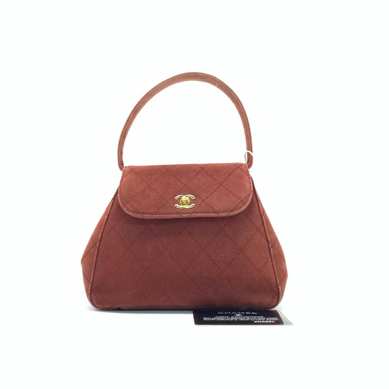 Chanel Kelly Mini 1997 -1999 Caramel Tan Suede Leather Top Handle Bag