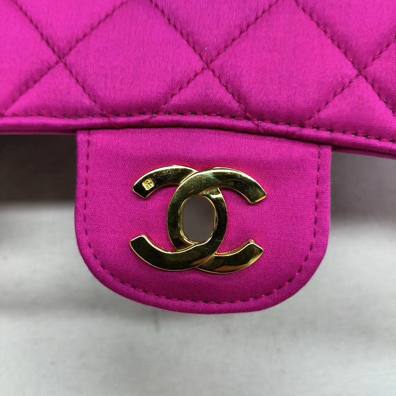 Chanel Classic Flap Medium Vintage Pink Fuchsia Silk Satin with 24k Gold Plated Hardware