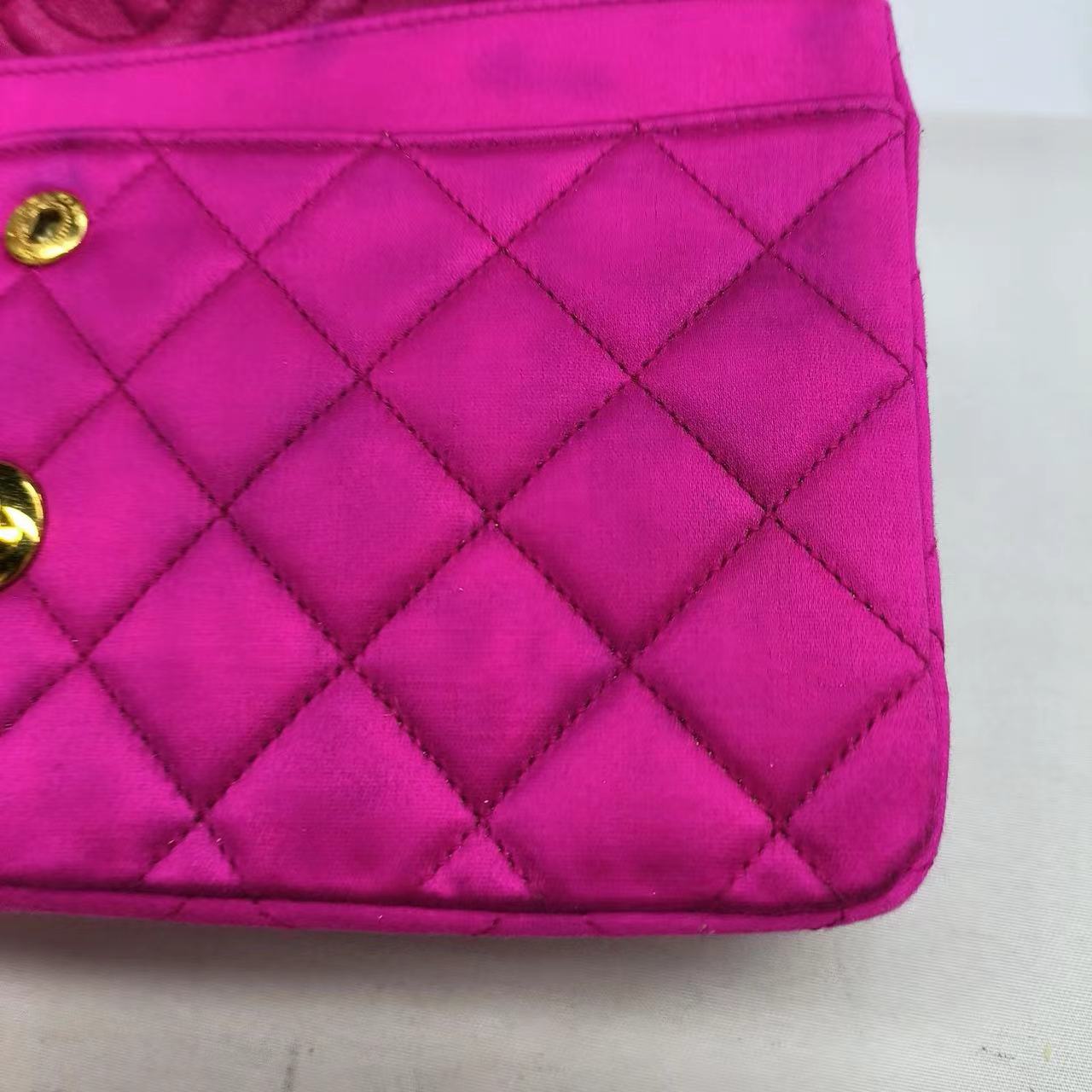 Chanel Classic Flap Medium Vintage Pink Fuchsia Silk Satin with 24k Gold Plated Hardware