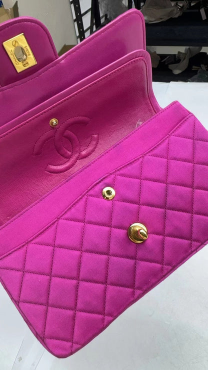 Chanel Classic Flap Medium Vintage Pink Fuchsia Silk Satin with 24k Gold Plated Hardware