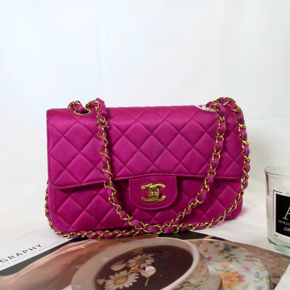 Chanel Classic Flap Medium Vintage Pink Fuchsia Silk Satin with 24k Gold Plated Hardware