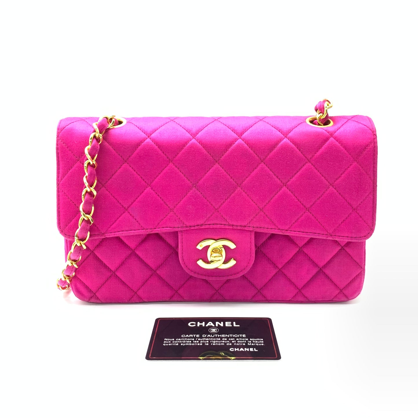 Chanel Classic Flap Medium Vintage Pink Fuchsia Silk Satin with 24k Gold Plated Hardware