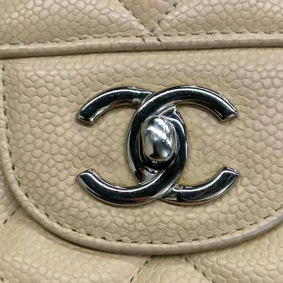 Chanel Classic Flap Jumbo 2009 Beige Caviar Leather Single Flap Silver Hardware