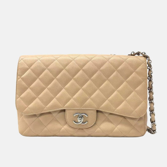 Chanel Classic Flap Jumbo 2009 Beige Caviar Leather Single Flap Silver Hardware