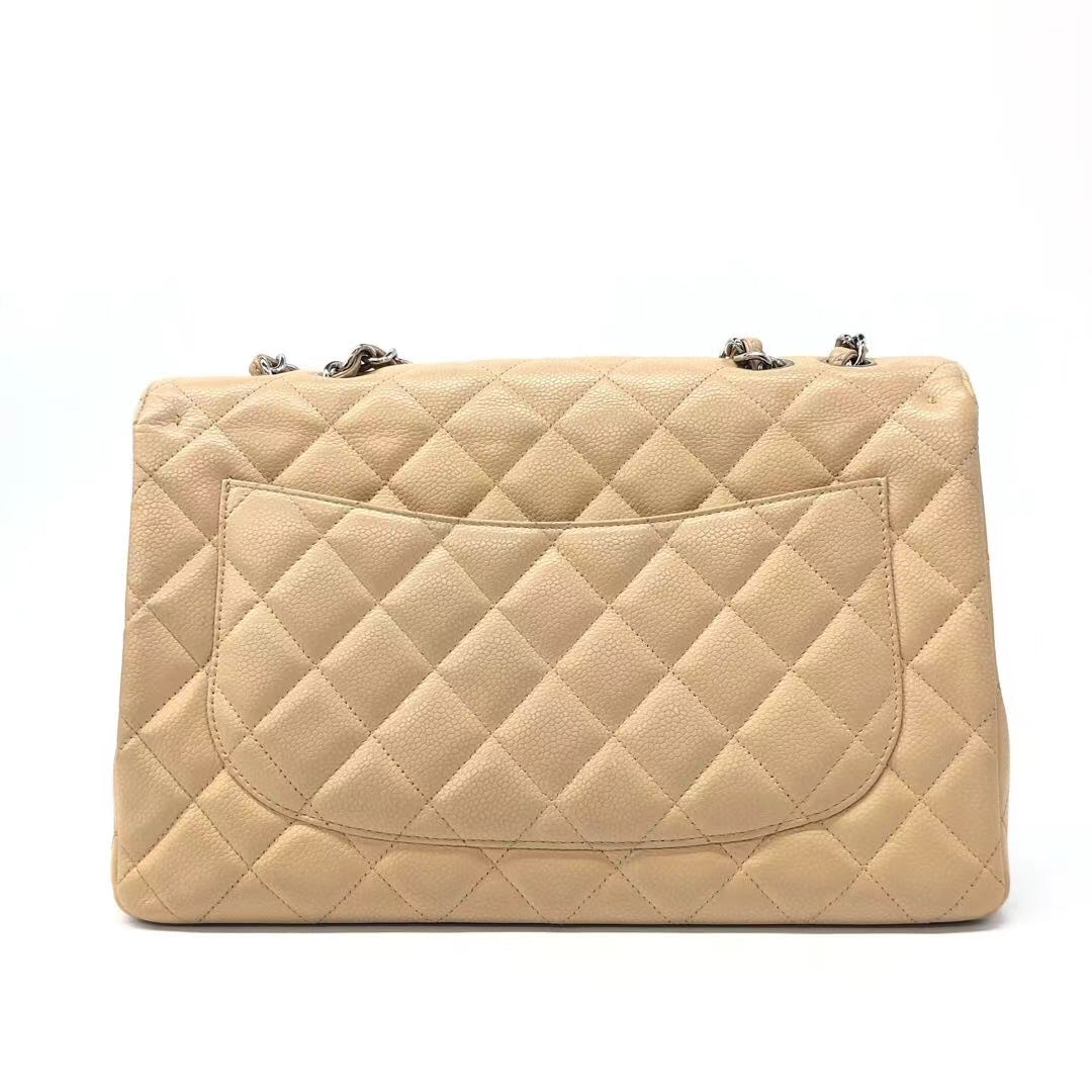 Chanel Classic Flap Jumbo 2009 Beige Caviar Leather Single Flap Silver Hardware