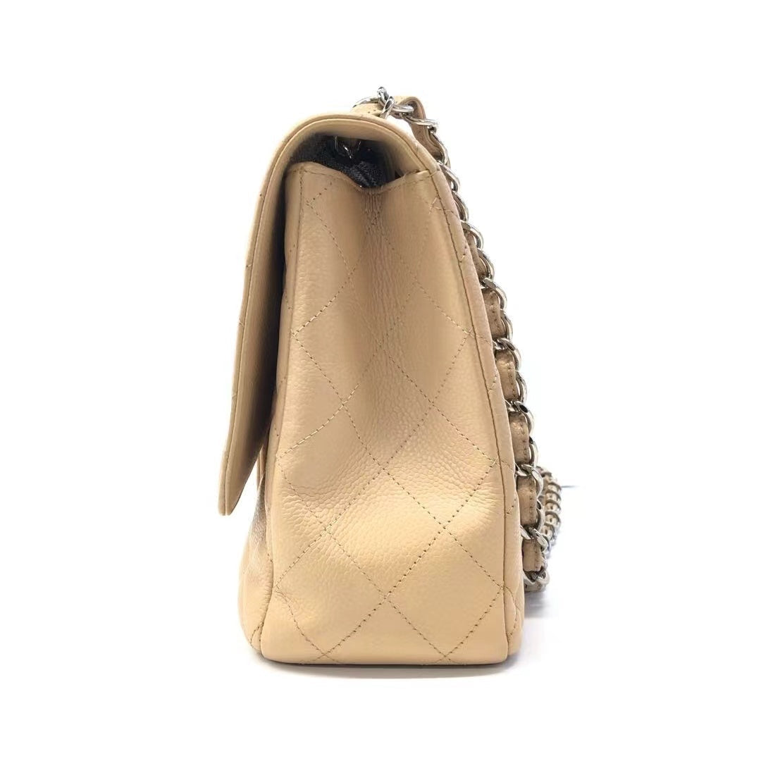 Chanel Classic Flap Jumbo 2009 Beige Caviar Leather Single Flap Silver Hardware