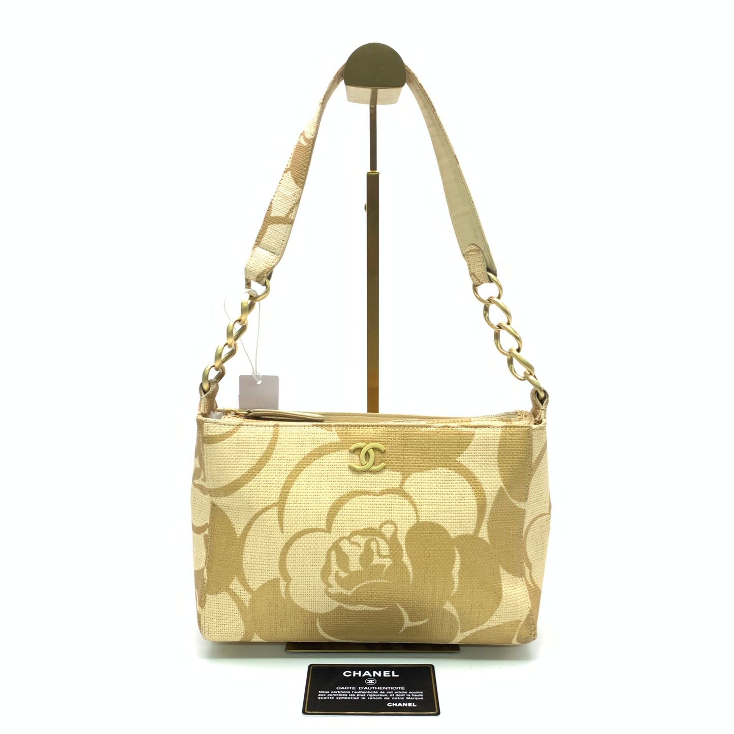 Chanel Beige Gold Woven Raffia Camellia Print Shoulder Bag, 2003-2004