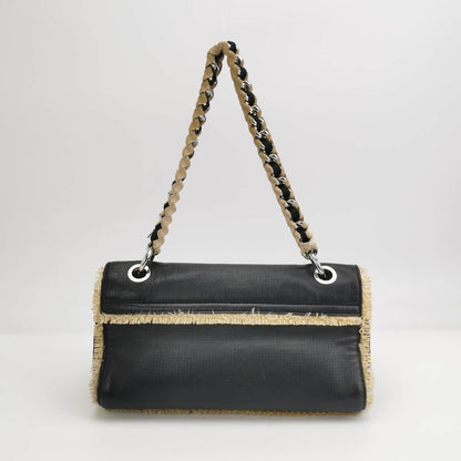 Chanel Classic Flap Chain Shoulder Bag Large Black Leather and Straw