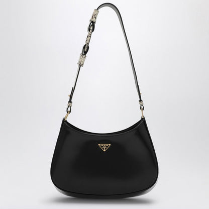 Prada Cleo Black Leather Shoulder Bag With Rock Shoulder Women