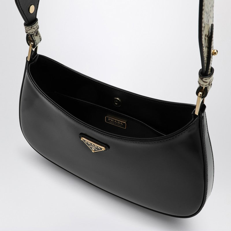 Prada Cleo Black Leather Shoulder Bag With Rock Shoulder Women