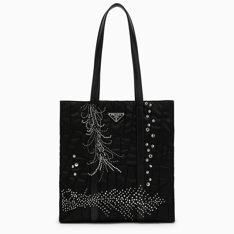 Prada Medium Black Re-Nylon Shopping Bag With Embroidery Women