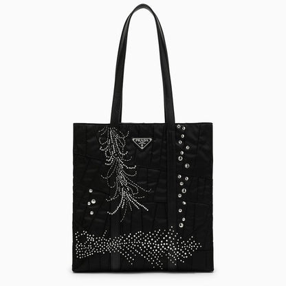 Prada Medium Black Re-Nylon Shopping Bag With Embroidery Women