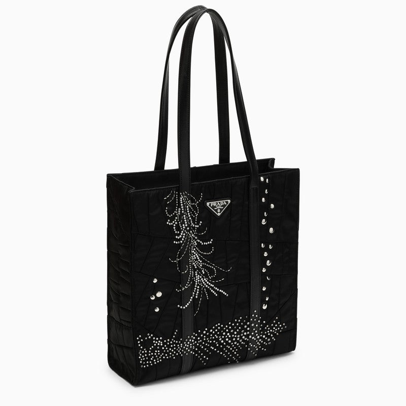 Prada Medium Black Re-Nylon Shopping Bag With Embroidery Women