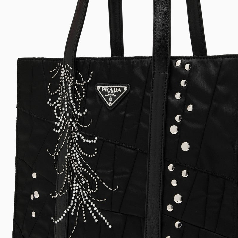 Prada Medium Black Re-Nylon Shopping Bag With Embroidery Women