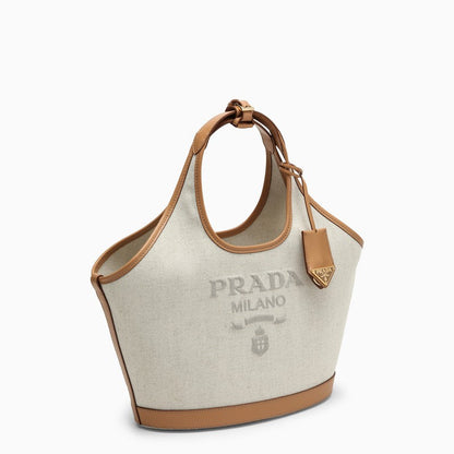 Prada Large Shopping Bag In Linen And Leather Blend With Logo Women