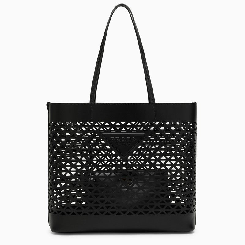 Prada Large Black Perforated Leather Shopping Bag Women