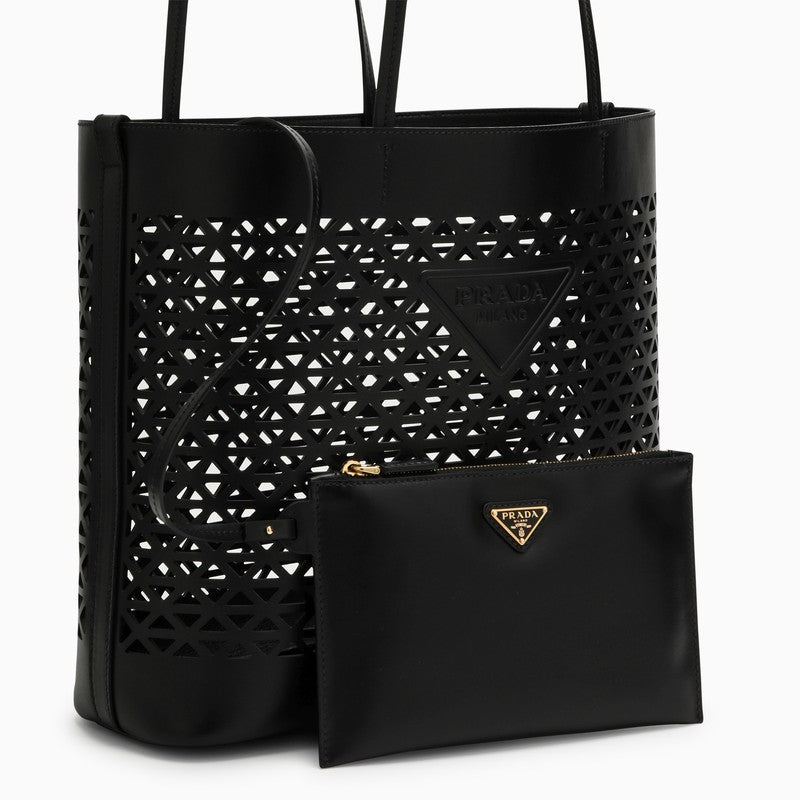 Prada Large Black Perforated Leather Shopping Bag Women