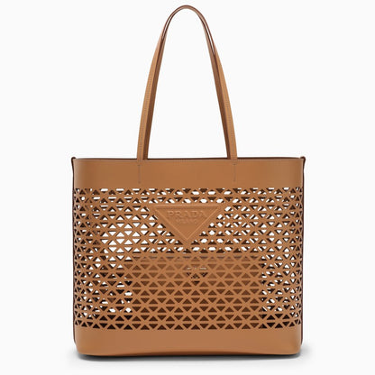 Prada Large Brown Perforated Leather Shopping Bag Women