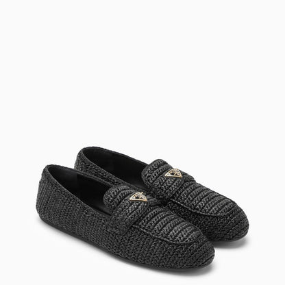 Prada Black Raffia Loafer With Logo Triangle Women