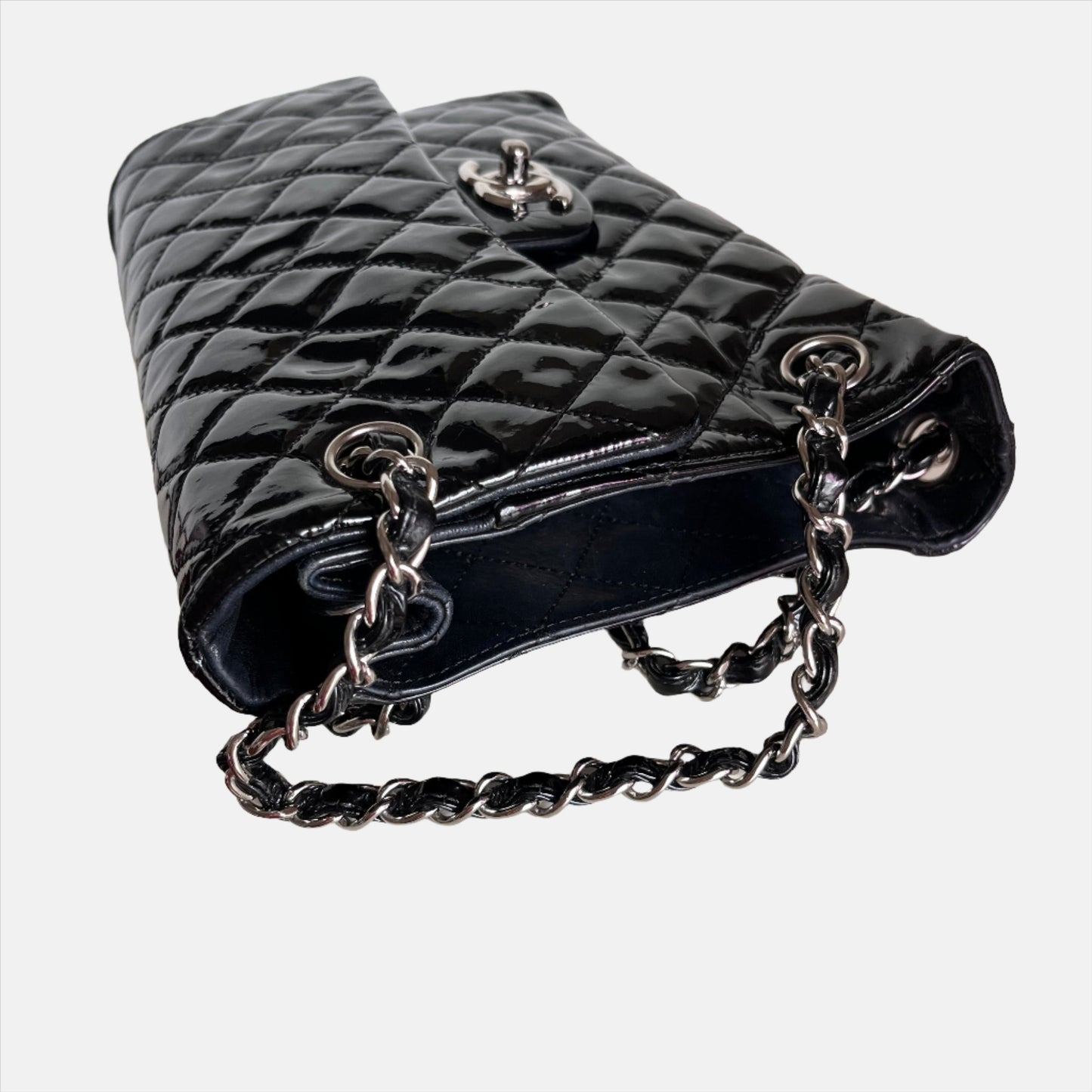 Chanel Upside Down Flap Bag Black Diamond Quilted Patent Leather Silver Hardware