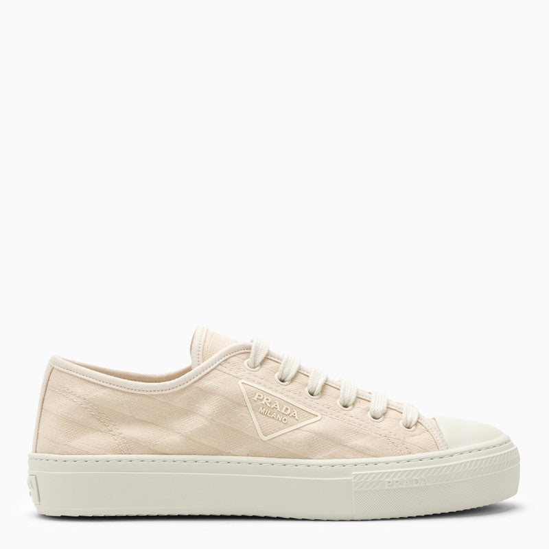 Prada Ivory Fabric Trainer With Logo Embroidery Women