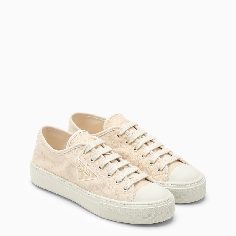 Prada Ivory Fabric Trainer With Logo Embroidery Women