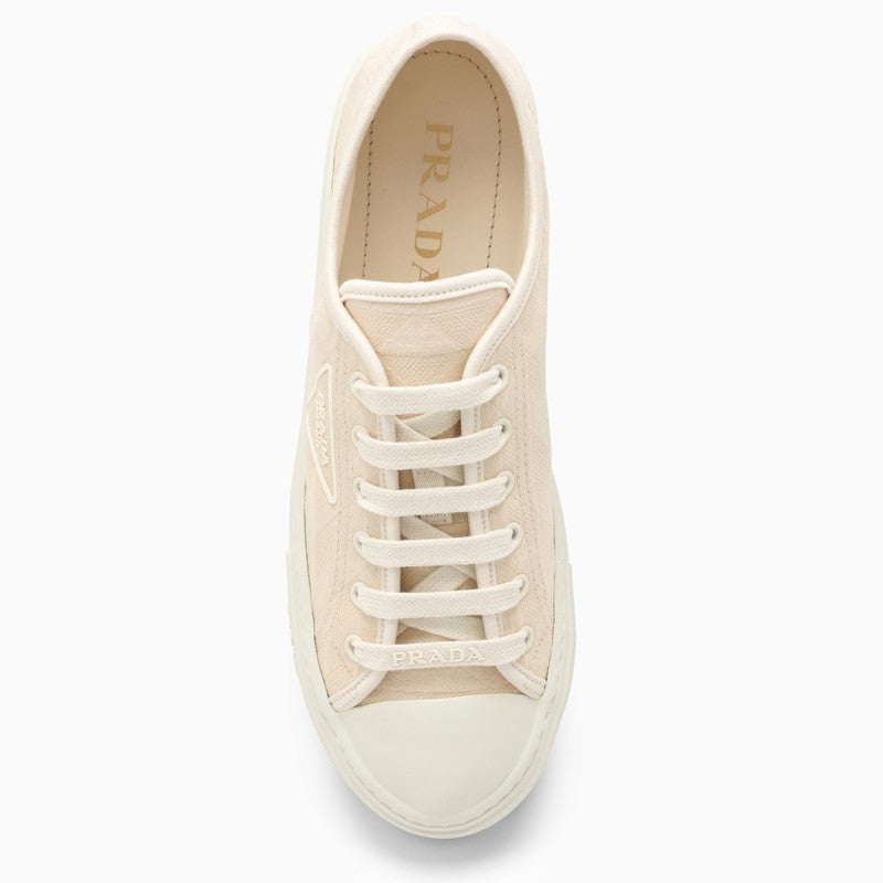 Prada Ivory Fabric Trainer With Logo Embroidery Women