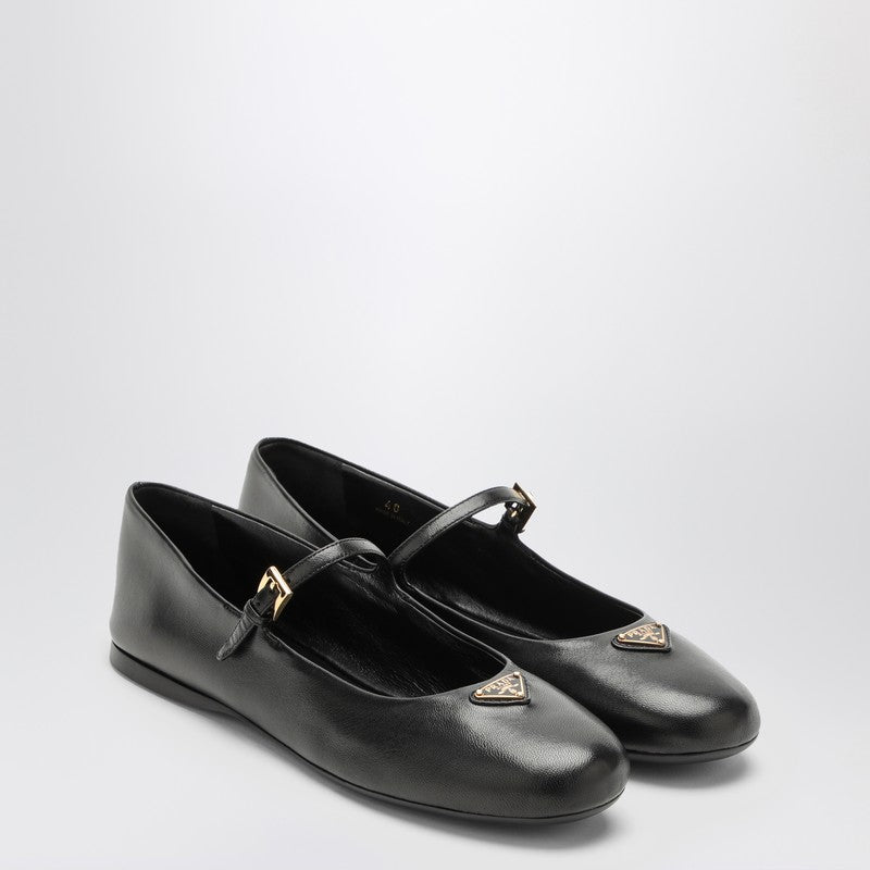 Prada Black Leather Ballerina With Logo Triangle Women