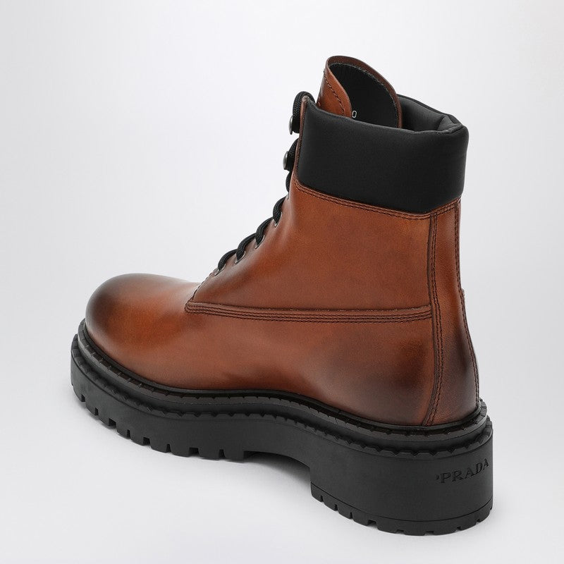 Prada Cognac-Coloured Ankle Boots In Leather And Re-Nylon Women