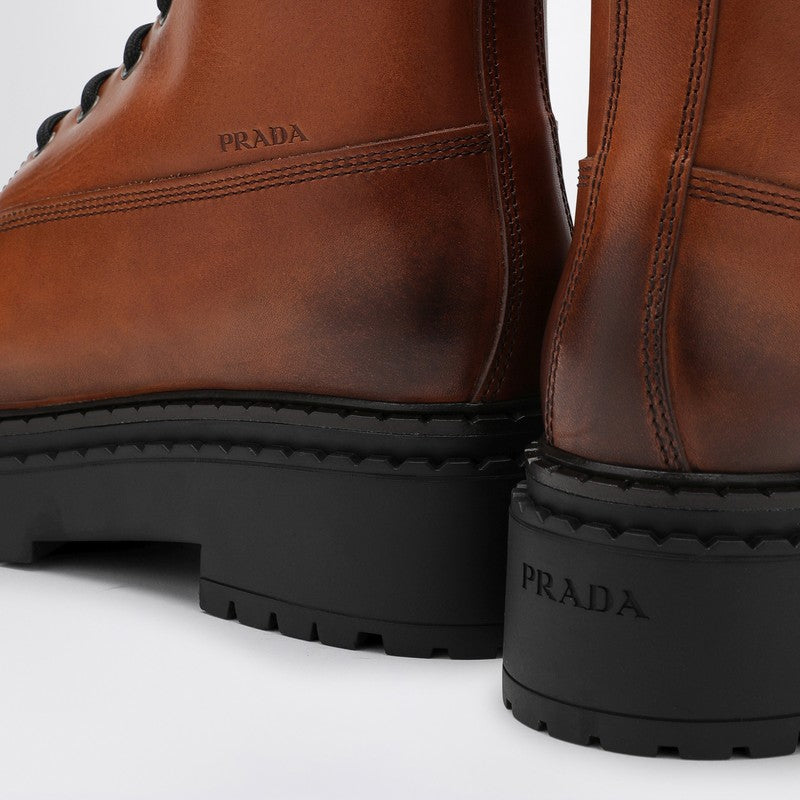 Prada Cognac-Coloured Ankle Boots In Leather And Re-Nylon Women