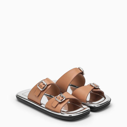 Prada Brown And Silver Leather Sandal Women