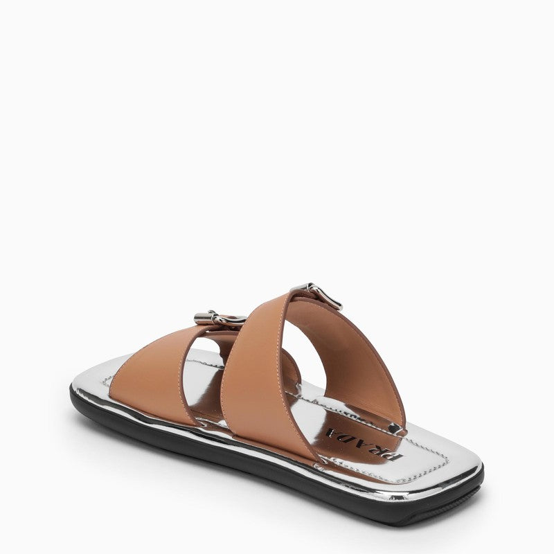 Prada Brown And Silver Leather Sandal Women