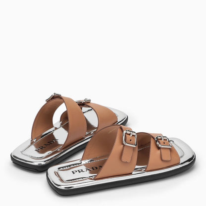 Prada Brown And Silver Leather Sandal Women