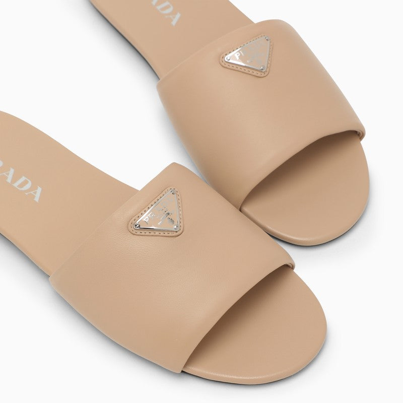 Prada Sand-Coloured Leather Slide With Logo Women