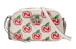 (WMNS) GUCCI GG Marmont Silver Logo Apple Pattern Leather Chain Shoulder Messenger Bag Small White / Red Valentine's Day limited 447632-1W9AN-9086