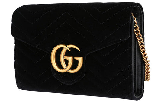 (WMNS) GUCCI GG Marmont Gold Logo Distress Velvet Chain Shoulder Messenger Bag Mini Black 474575-9QIDT-1000